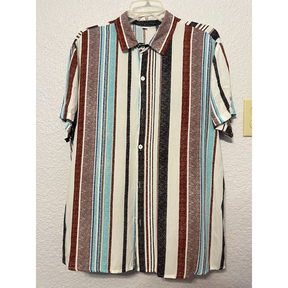Womens Striped Short Sleeve Button Down Shirt XL Polyester Soft light weight‎